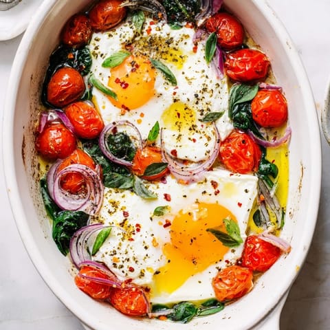 Mediterranean Baked Feta Eggs recipe features vibrant red tomatoes bubbling with herbs and creamy baked feta, ready to serve.