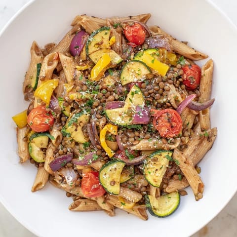 Flavorful Mediterranean lentil pasta with vegetables: envision the colorful roasted peppers and tomatoes.