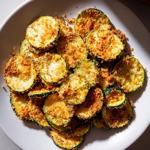 A close-up of beautifully browned zucchini chips, ready to be enjoyed with a dipping sauce.