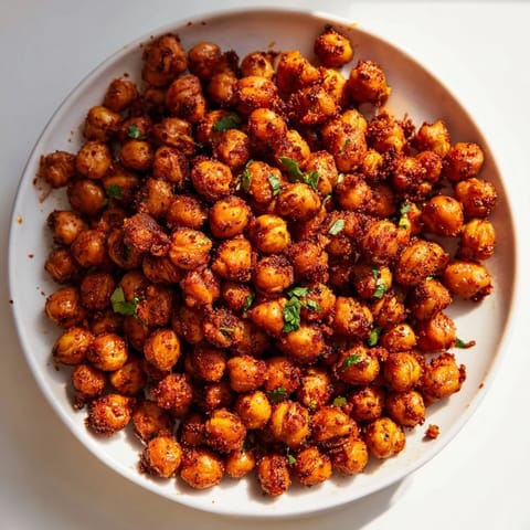 A close-up of vibrant, spiced Harissa Chickpea Roast, perfect for topping salads or grain bowls.