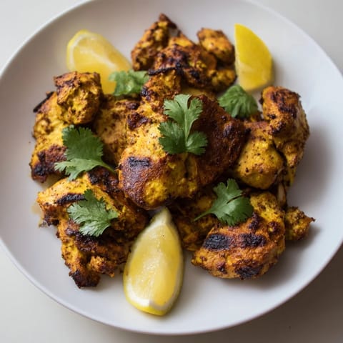 Tender Indian Tikka Spiced Chicken chunks are served with naan bread and a side of vibrant red onion slices.
