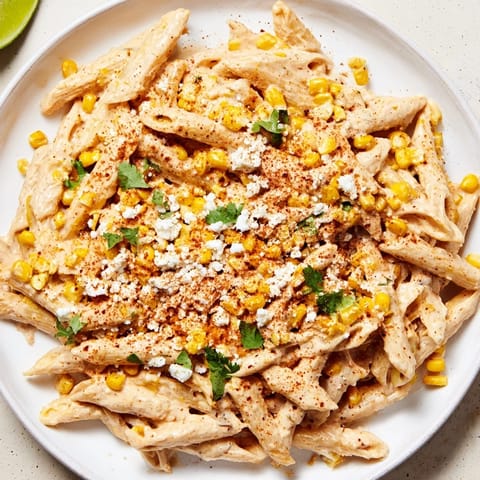 A close-up of Mexican Street Corn Pasta tossed in a zesty cream sauce with visible chili powder and cotija crumbles.