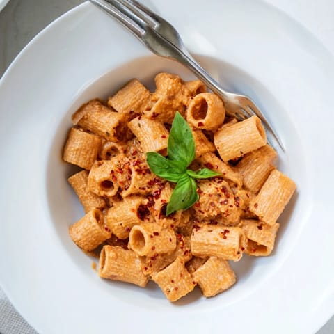 Close-up of Spicy Rigatoni in a rich red sauce, steam rising from a hearty serving.