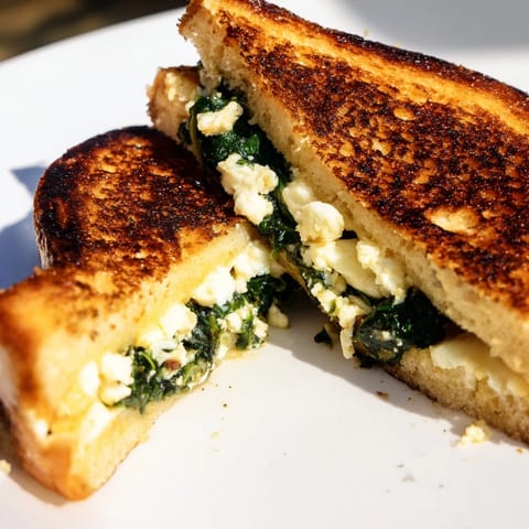 Golden-brown Feta & Spinach Stuffed Grilled Cheese slices showing melted cheese and sautéed greens oozing from thick sourdough bread.  