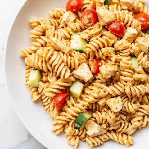 Spiral pasta and tender diced chicken breast mix with crisp vegetables, garnished with parsley, ideal for a light main dish.  