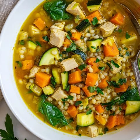 A close-up of golden turmeric chicken with pearl barley soup in a white ceramic bowl, garnished with fresh parsley and a lemon wedge.  