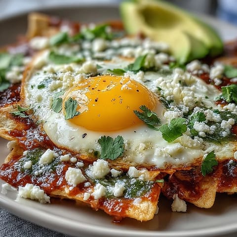 Golden fried tortilla chips coated in zesty salsa verde, topped with a runny egg, crumbled queso fresco, and fresh cilantro.