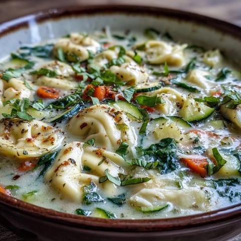 Creamy Vegetable Tortellini Soup steaming in a rustic bowl with wilted spinach and grated Parmesan.