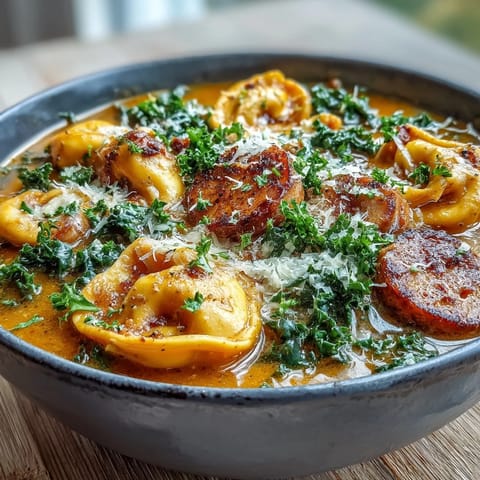 Homemade Pumpkin Tortellini Soup with sausage and kale garnished with Parmesan and fresh parsley.