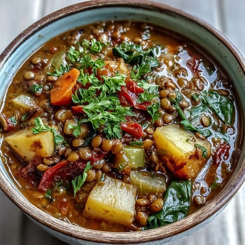 Warm bowl of Vegetarian Lentil Stew featuring tender lentils and greens, perfect for cozy weeknight dinners with crusty bread.