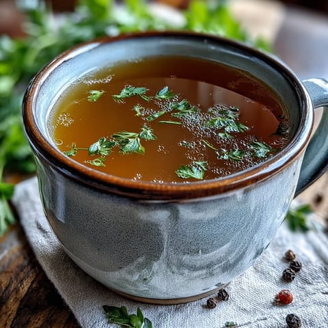 Steamy pot of golden vegetable broth from scraps simmers with aromatic bay leaf, peppercorns, and garlic.