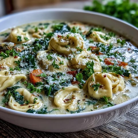 A bowl of Easy Tortellini Soup with Chicken Broth, topped with parsley and Parmesan.