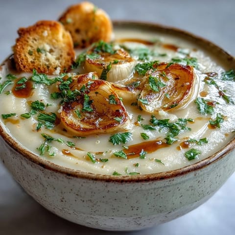 A rustic mug of hot roasted garlic soup sits beside crusty bread and a sprig of thyme on a wooden table. 