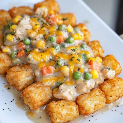 Golden, crispy tater tots crown a savory chicken pot pie brimming with vegetables and chicken.