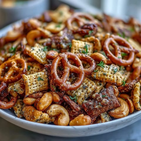 Everything Ranch Cheese and Pretzel Snack Mix served in a white bowl, perfect for party snacking.