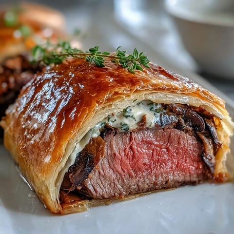Golden, flaky puff pastry encases a tender beef fillet, sliced to reveal the savory mushroom duxelles and prosciutto layers of classic Beef Wellington.