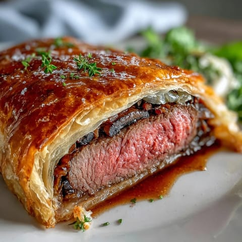 Perfectly cooked medium-rare Beef Wellington served on a rustic wooden board, ready to be the centerpiece of any festive dinner party.