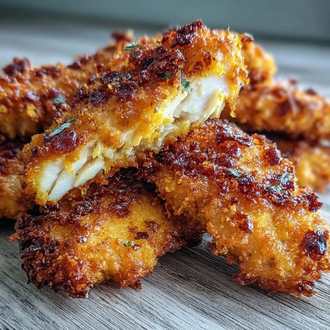 Crispy Turmeric Chicken Tenders piled high on a plate, golden brown with visible spices and fresh parsley garnish.