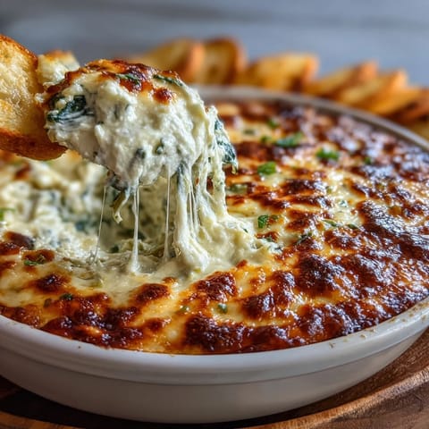 Golden, bubbly Spinach Artichoke Dip served warm in a ceramic dish, garnished with fresh parsley and ready for tortilla chips.