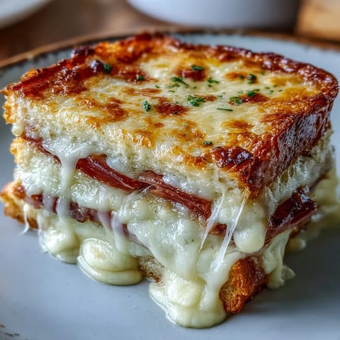 Golden-brown Croque Monsieur Casserole bubbling with ham and Gruyère cheese.