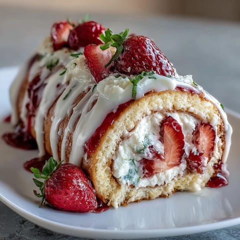 A pinwheel of golden crepe, airy sponge cake, and juicy strawberry slices, drizzled with white chocolate.