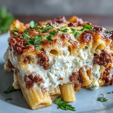 Golden, bubbling mozzarella tops a hearty Cottage Cheese Protein Pasta Bake with ground beef and al dente penne.