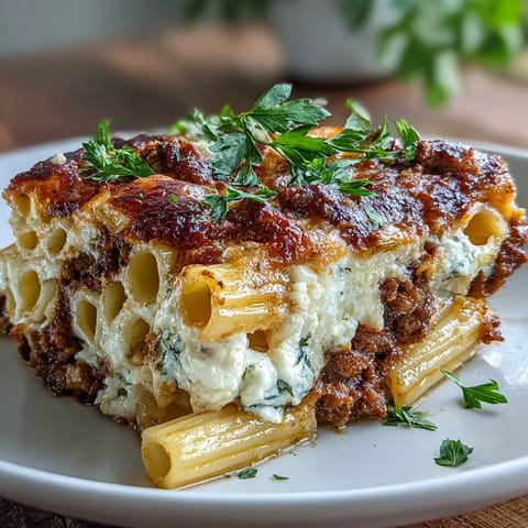 Tender pasta mingles with rich tomato-beef sauce and fluffy cottage cheese in this savory bake.