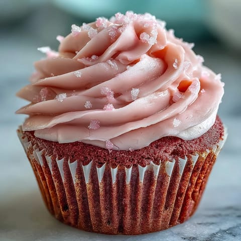 Delicious Pink Velvet Cupcakes topped with swirls of creamy Vanilla Buttercream Frosting and sprinkles.