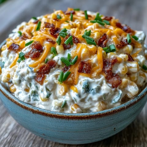 Creamy Crack Corn Dip baked golden and bubbling, garnished with fresh green onions for serving.
