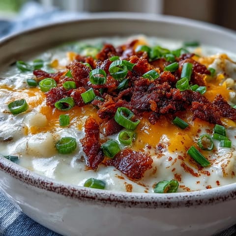Creamy Loaded Potato Soup topped with crispy bacon, melted cheddar, and fresh green onions in a rustic bowl.