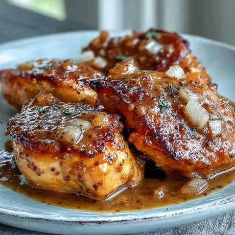 Slow Cooker Honey Mustard Chicken in a thick, tangy-sweet glaze, garnished with fresh thyme and paired with steamed rice for a comforting family dinner.