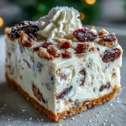 Golden slices of Christmas Cheesecake Slab topped with fluffy whipped cream and a light dusting of powdered sugar.