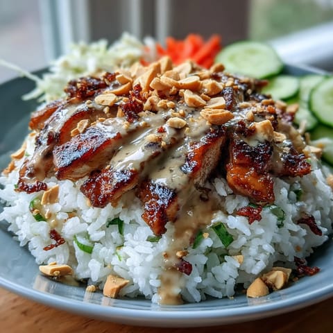 Fluffy coconut rice topped with juicy grilled chicken, fresh veggies, and a drizzle of creamy peanut sauce.