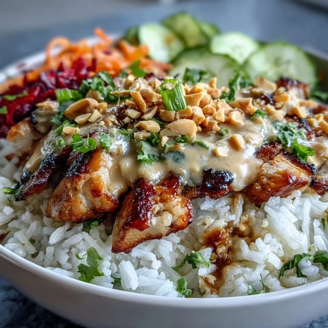 A close up of the coconut rice peanut bowl with chopped peanuts and lime wedges on the side.