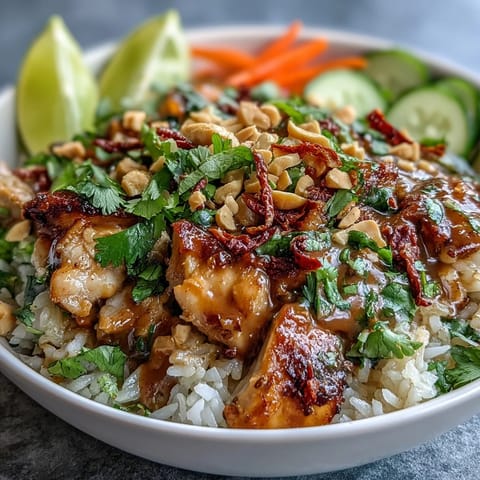 Thai Peanut Chicken Bowl with tender chicken, coconut rice, and crisp veggies topped with creamy spicy peanut sauce.