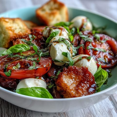 Fresh Caprese Salad Bowl with ripe tomatoes, creamy mozzarella, and fragrant basil drizzled in balsamic.