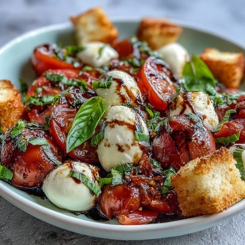 Crispy bread cubes top a vibrant Caprese Salad Bowl, perfect for a quick vegetarian lunch.