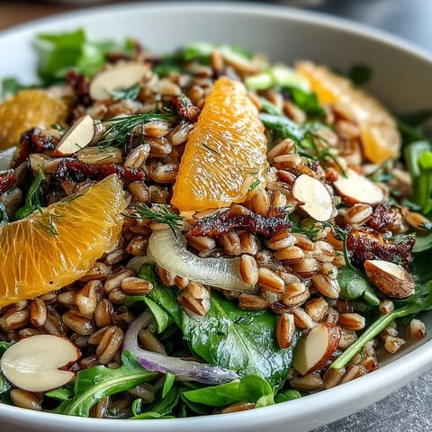 A vibrant Farro Salad Bowl with Fennel, Oranges & Almonds, featuring chewy grains, crisp slices, and toasted nuts on a bed of greens.  
