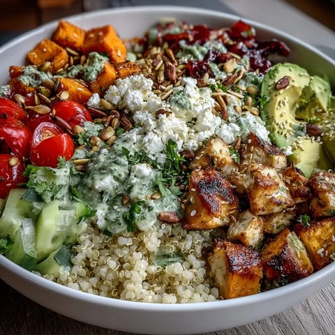 A vibrant Customizable Grain Bowl with brown rice, chicken, roasted sweet potatoes, and fresh tomatoes.