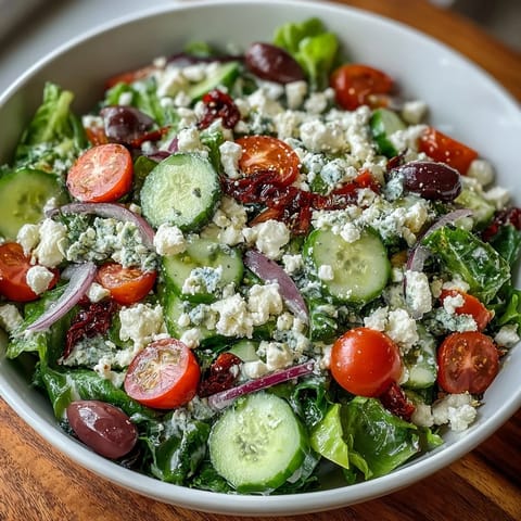 A vibrant Mediterranean Green Salad Bowl with briny olives, red onion, and creamy feta, ready for a light, refreshing lunch.  