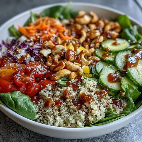 Freshly prepared Rainbow Salad Bowl features quinoa, chickpeas, and crisp, colorful vegetables topped with crunchy nuts and a zesty lemon dressing.
