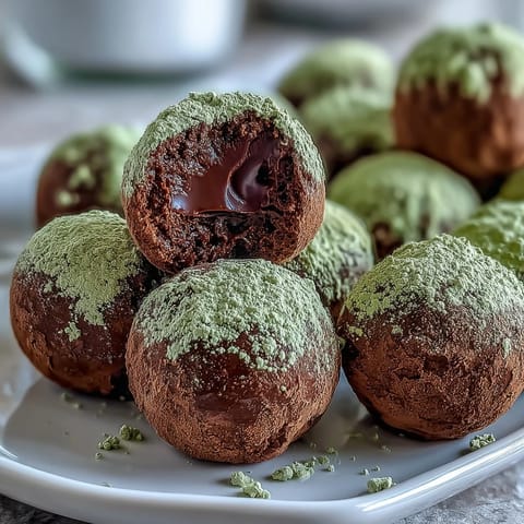 Elegant hojicha truffles with rich dark chocolate ganache and roasted green tea powder, perfect for refined dessert platters.