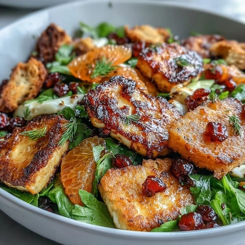 Golden-fried halloumi and blood orange segments shine in this vibrant fattoush salad with crispy sourdough croutons.  