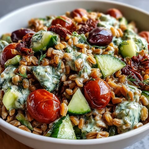 Vibrant Mediterranean farro bowl with colorful vegetables, chickpeas, and creamy tahini dressing.  