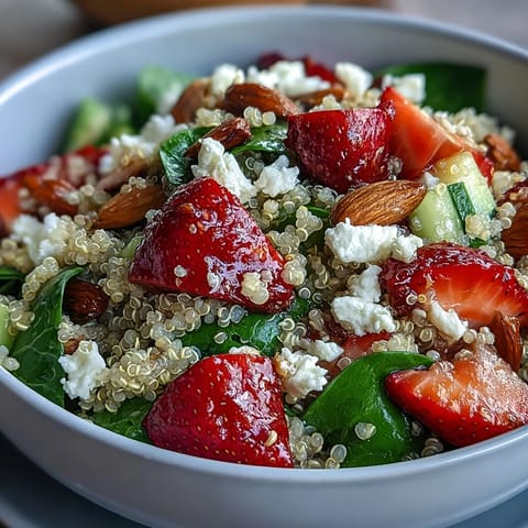 Fresh strawberry and feta quinoa salad with spinach, almonds, and balsamic dressing in a colorful bowl.  