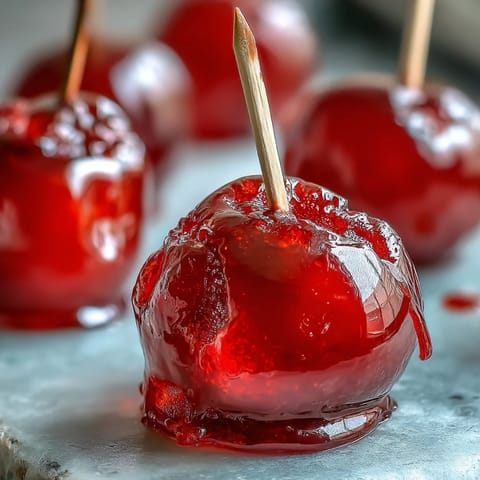 Mini candy apple bites with vibrant red shell, sweet and crunchy, ideal for festive gatherings.
