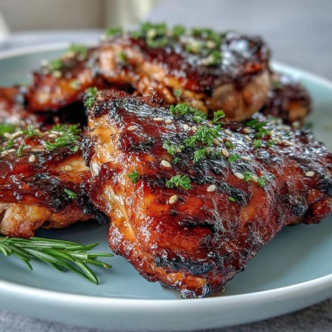 Juicy baked chicken thighs coated in a sticky honey garlic sauce, perfect for a quick and comforting dinner.  