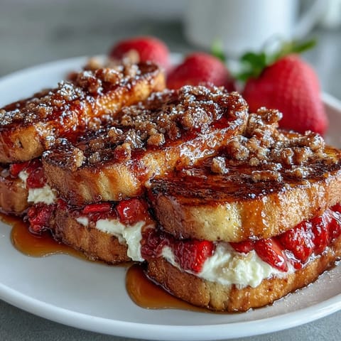 A cozy baked French toast casserole filled with custard-soaked brioche, fresh strawberries, and a cinnamon crumb topping for spring brunch.