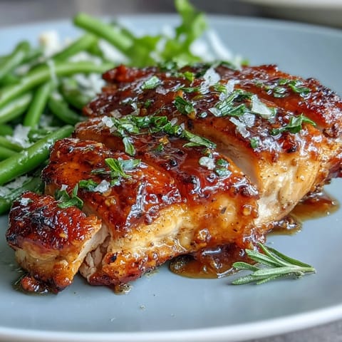 Honey mustard chicken with green beans in a skillet, golden chicken glazed with tangy honey-mustard sauce and crisp-tender green beans.  