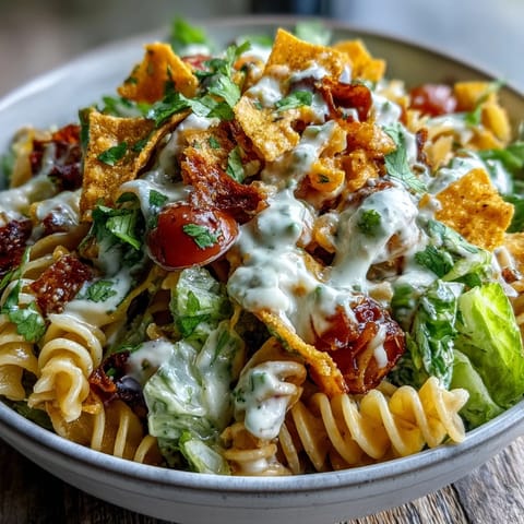 Taco Pasta Salad with Doritos and Avocado Ranch in a large bowl, garnished with fresh cilantro and colorful vegetables.